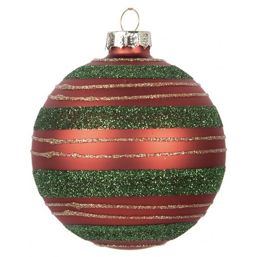 Ozdoba skleněná červeno-zelená se zlatými třpytkami 8 cm