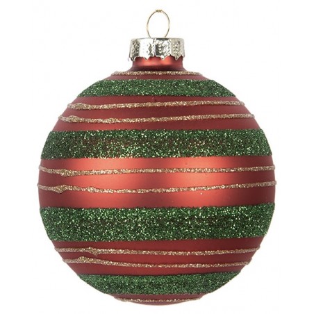 Ozdoba skleněná červeno-zelená se zlatými třpytkami 8 cm