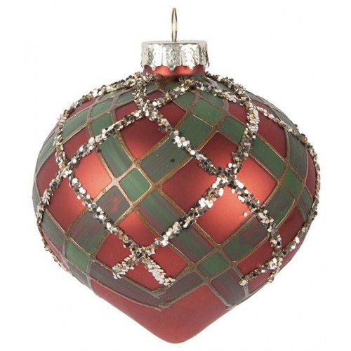 Ozdoba skleněná červeno-zelená se třpytkami 8 cm