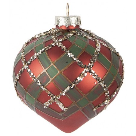 Ozdoba skleněná červeno-zelená se třpytkami 8 cm