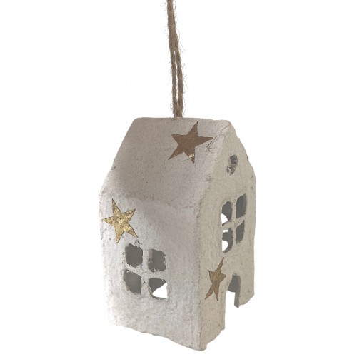 Domeček papermache bílý zlaté hvězdičky 6,5 cm