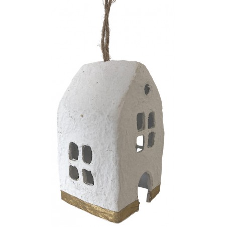 Domeček z papírmaše bílý zlatá linka 6,5 cm