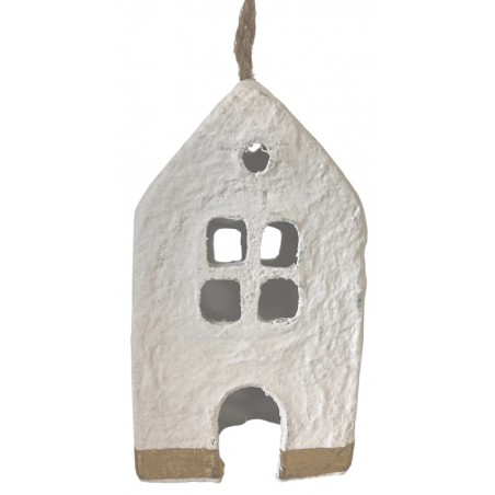 Domeček z papírmaše bílý zlatá linka 6,5 cm