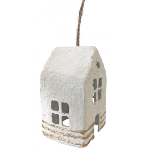 Domeček z papírmaše bílý se zlatými linkami 6,5 cm