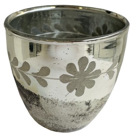 Svícen skleněný stříbrný Floral 8,5 x 8 cm